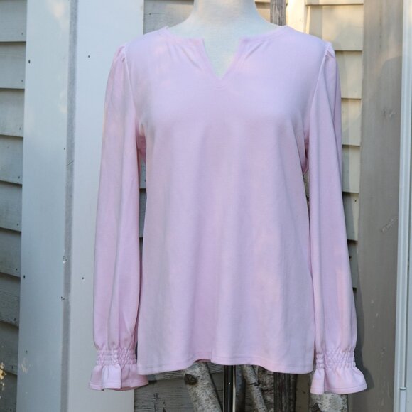 Talbots Lilac Ruffle Cuff Notch Neck Stretch Poly Crepe Long Sleeve Top Sz LARGE - Picture 1 of 7